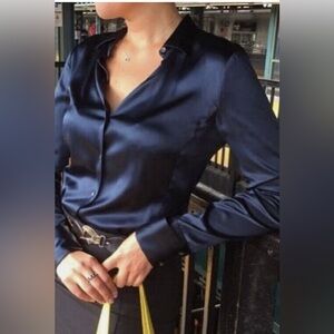 TWP: SLIM SHIRT Navy Midnight Silk Size XL